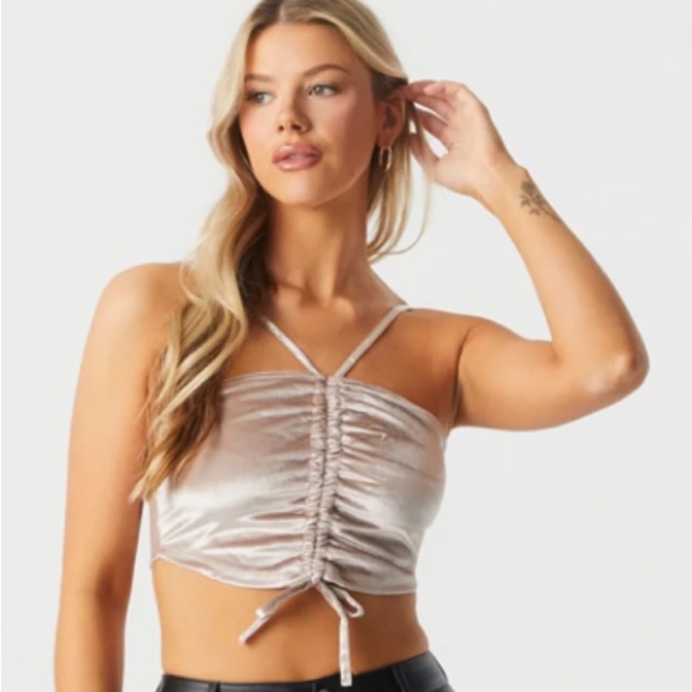NEW Ladies Crushes velour crop top adjustable straps, pull tie cords in front